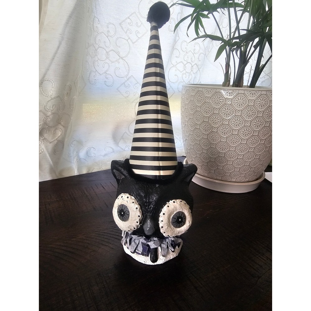 Whimsical folk art Black Cat striped  Party Hat Halloween Decor Spooky